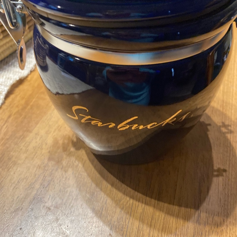 Vintage STARBUCKS cobalt blue and silver coffee canister with gold script. 8”